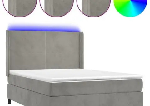 Pat continental cu saltea și LED gri deschis 140x190 cm catifea - 2/5