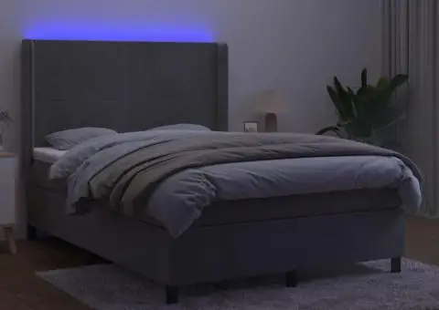 Pat continental cu saltea și LED gri deschis 140x190 cm catifea - 3/5