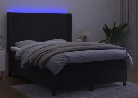 Pat cu arcuri, saltea și LED, negru, 140x200 cm, catifea - 3/5