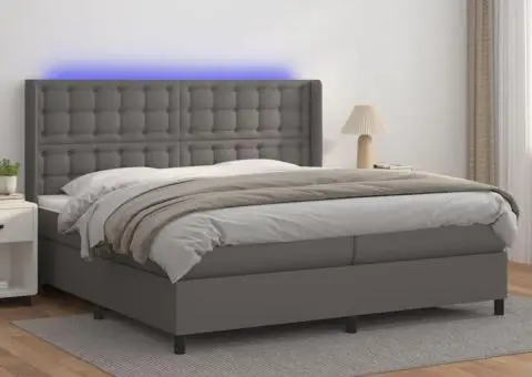 Pat cu arcuri, saltea și LED, gri, 200x200 cm, piele ecologică - 1/5