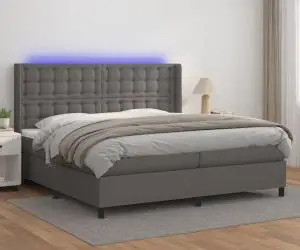 vidaXL Pat cu arcuri, saltea și LED, gri, 200x200 cm, piele ecologică