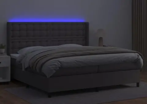 Pat cu arcuri, saltea și LED, gri, 200x200 cm, piele ecologică - 3/5