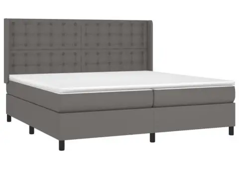 Pat cu arcuri, saltea și LED, gri, 200x200 cm, piele ecologică - 4/5