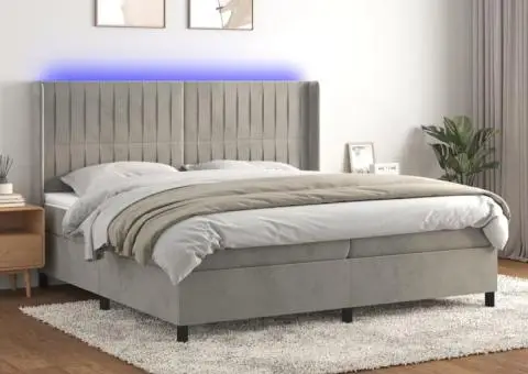 Pat cu arcuri, saltea și LED, gri deschis, 200x200 cm, catifea - 1/5