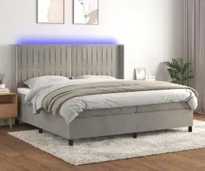 vidaXL Pat cu arcuri, saltea și LED, gri deschis, 200x200 cm, catifea