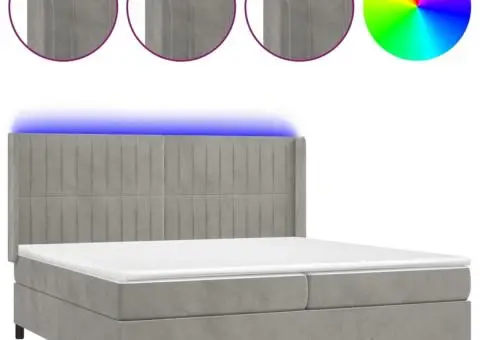 Pat cu arcuri, saltea și LED, gri deschis, 200x200 cm, catifea - 2/5