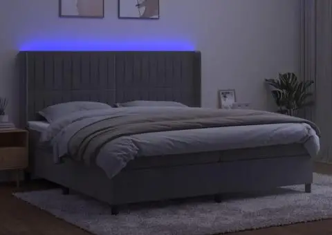 Pat cu arcuri, saltea și LED, gri deschis, 200x200 cm, catifea - 3/5