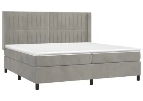 Pat cu arcuri, saltea și LED, gri deschis, 200x200 cm, catifea - 4/5