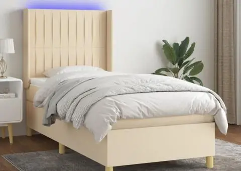 Pat cu arcuri, saltea și LED, crem, 100x200 cm, textil - 1/5