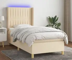 vidaXL Pat cu arcuri, saltea și LED, crem, 100x200 cm, textil