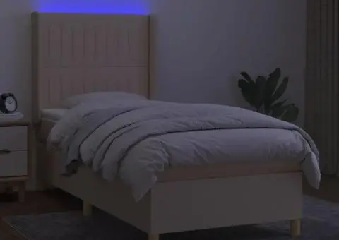 Pat cu arcuri, saltea și LED, crem, 100x200 cm, textil - 3/5