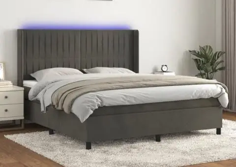 Pat cu arcuri, saltea și LED, gri închis, 160x200 cm, catifea - 1/5