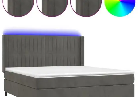 Pat cu arcuri, saltea și LED, gri închis, 160x200 cm, catifea - 2/5