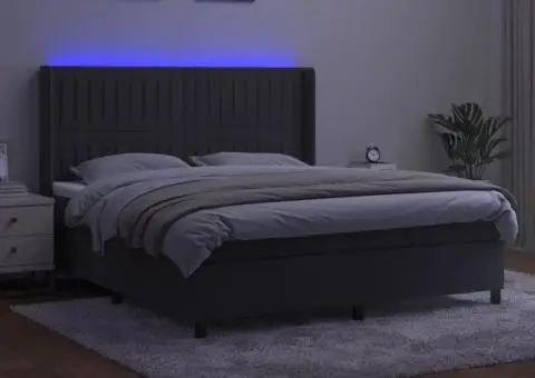 Pat cu arcuri, saltea și LED, gri închis, 160x200 cm, catifea - 3/5