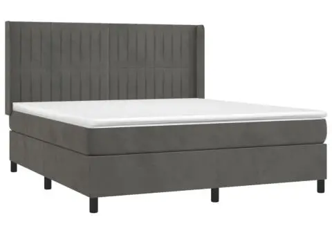 Pat cu arcuri, saltea și LED, gri închis, 160x200 cm, catifea - 4/5