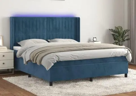 Pat cu arcuri, saltea și LED, bleumarin, 180x200 cm, catifea - 1/5