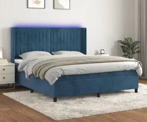 vidaXL Pat cu arcuri, saltea și LED, bleumarin, 180x200 cm, catifea