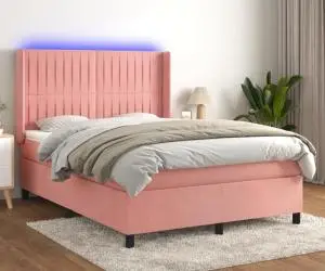 vidaXL Pat cu arcuri, cu saltea și LED, roz, 140x190 cm catifea