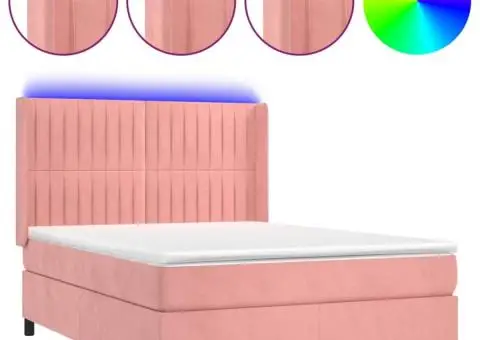 Pat cu arcuri, cu saltea și LED, roz, 140x190 cm catifea - 2/5