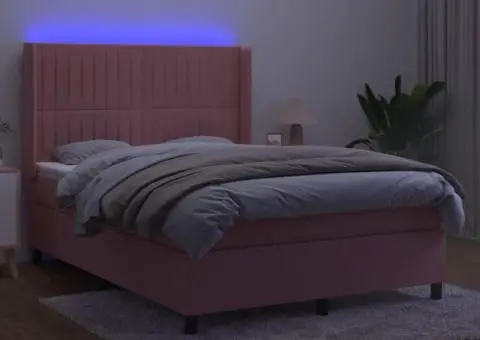Pat cu arcuri, cu saltea și LED, roz, 140x190 cm catifea - 3/5
