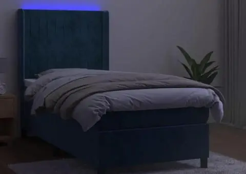 Pat cu arcuri, saltea și LED, bleumarin, 100x200 cm, catifea - 3/5
