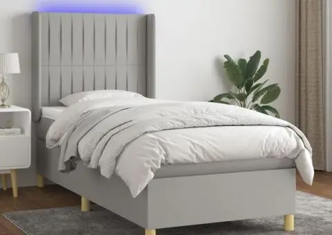 Pat cu arcuri, saltea și LED, gri deschis, 100x200 cm, textil - 1/5