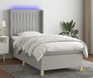 vidaXL Pat cu arcuri, saltea și LED, gri deschis, 100x200 cm, textil