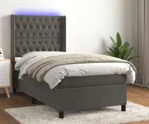 vidaXL Pat cu arcuri, saltea și LED, gri închis, 90x200 cm, catifea