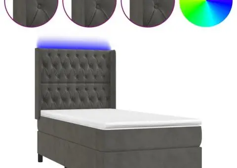 Pat cu arcuri, saltea și LED, gri închis, 90x200 cm, catifea - 2/5