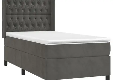 Pat cu arcuri, saltea și LED, gri închis, 90x200 cm, catifea - 4/5