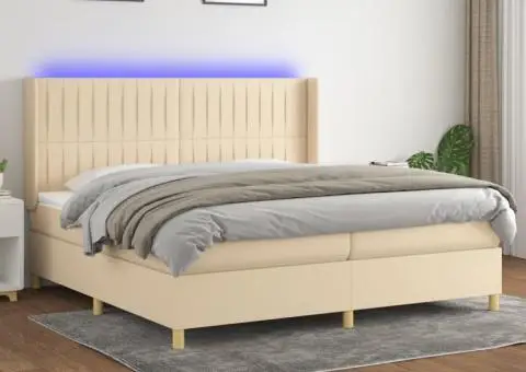 Pat cu arcuri, saltea și LED, crem, 200x200 cm, textil - 1/5