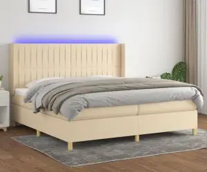 vidaXL Pat cu arcuri, saltea și LED, crem, 200x200 cm, textil
