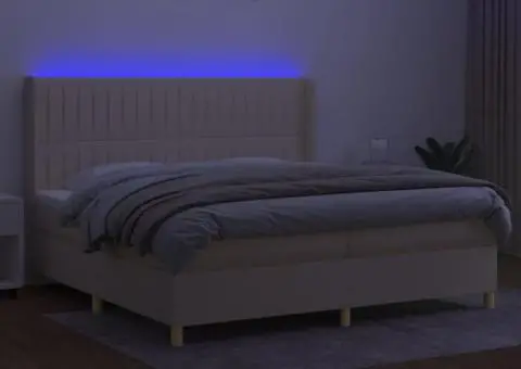 Pat cu arcuri, saltea și LED, crem, 200x200 cm, textil - 3/5