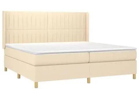 Pat cu arcuri, saltea și LED, crem, 200x200 cm, textil - 4/5