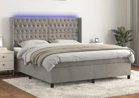 Pat cu arcuri, saltea și LED, gri deschis, 180x200 cm, catifea - 1/5