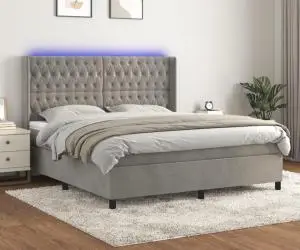 vidaXL Pat cu arcuri, saltea și LED, gri deschis, 180x200 cm, catifea