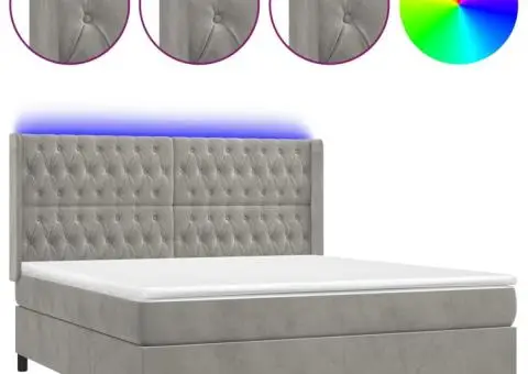 Pat cu arcuri, saltea și LED, gri deschis, 180x200 cm, catifea - 2/5