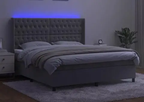 Pat cu arcuri, saltea și LED, gri deschis, 180x200 cm, catifea - 3/5