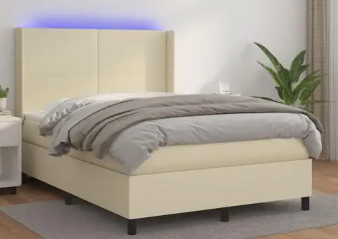 Pat cu arcuri, saltea și LED, crem, 140x200cm, piele ecologică - 1/5