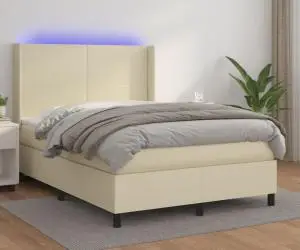 vidaXL Pat cu arcuri, saltea și LED, crem, 140x200cm, piele ecologică