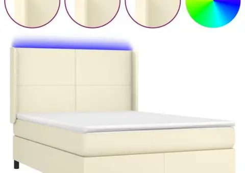 Pat cu arcuri, saltea și LED, crem, 140x200cm, piele ecologică - 2/5