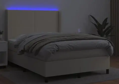 Pat cu arcuri, saltea și LED, crem, 140x200cm, piele ecologică - 3/5