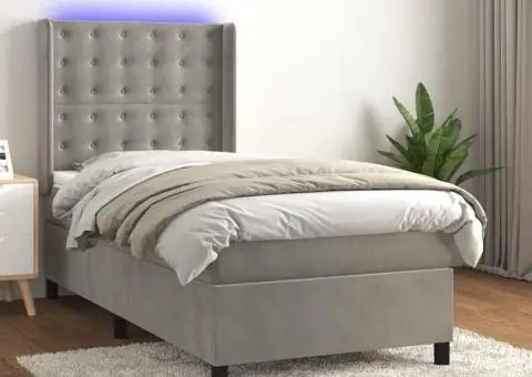 Pat cu arcuri, cu saltea & LED, gri deschis, 80x200 cm, catifea - 1/5