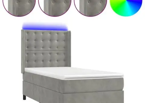 Pat cu arcuri, cu saltea & LED, gri deschis, 80x200 cm, catifea - 2/5