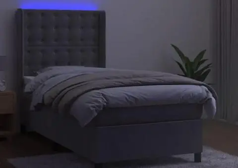 Pat cu arcuri, cu saltea & LED, gri deschis, 80x200 cm, catifea - 3/5