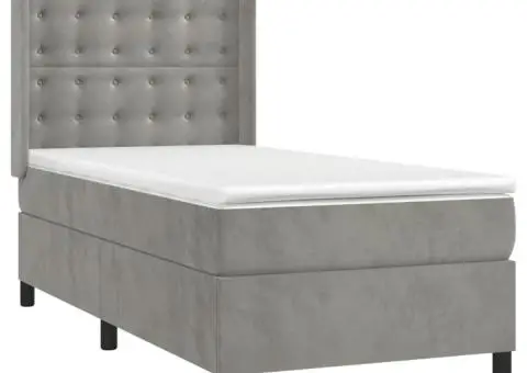 Pat cu arcuri, cu saltea & LED, gri deschis, 80x200 cm, catifea - 4/5