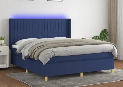 Pat cu arcuri, saltea și LED, albastru, 160x200 cm, textil - 1/5