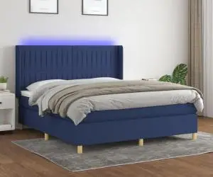 vidaXL Pat cu arcuri, saltea și LED, albastru, 160x200 cm, textil