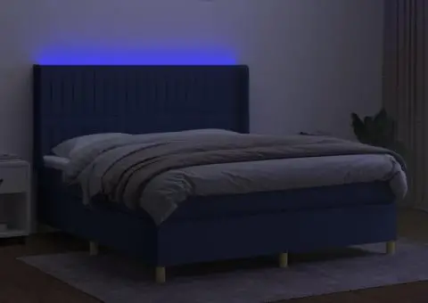 Pat cu arcuri, saltea și LED, albastru, 160x200 cm, textil - 3/5