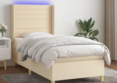 Pat cu arcuri, saltea și LED, crem, 100x200 cm, textil - 1/5